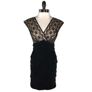 ADRIANNA PAPELL Size 10 Sheath Dress Black Lace Beige Lining Cap Sleeve
